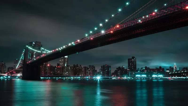Brooklyn Bridge, Manhattan, City lights, Night, Cityscape, River, New York City, 5K, 8K