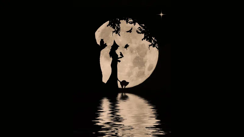 Witch silhouette wallpaper, Full moon, Black cat, Halloween