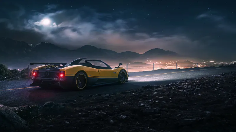 Pagani Zonda Cinque Roadster, Yellow, Night road, Moon, City lights wallpaper