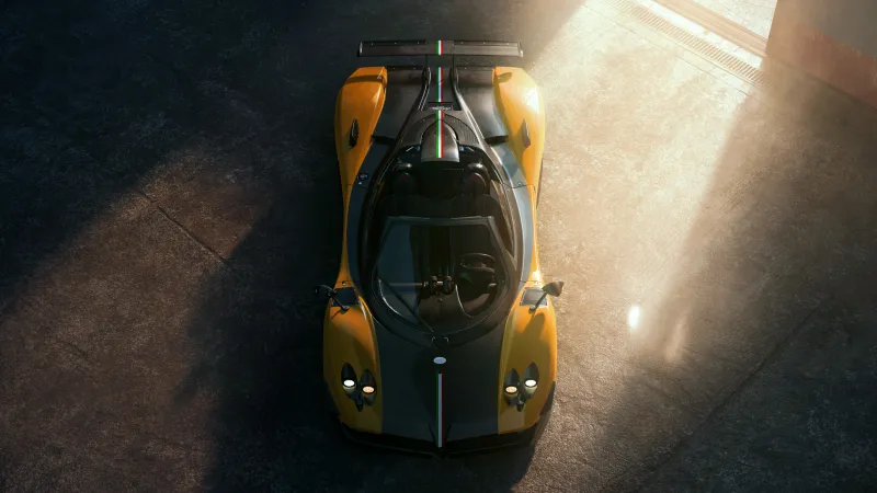 Pagani Zonda Cinque Roadster wallpaper, Top view, Yellow and carbon, Sun rays