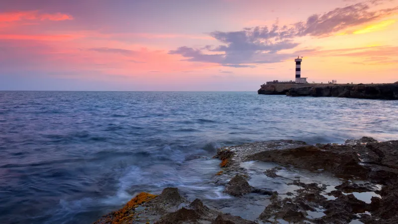 Colonia Sant Jodi, Sunset, Rocky shore, Lighthouse, Mallorca Island, Spain, Ocean