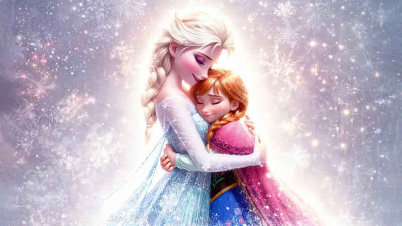 Elsa and Anna wallpaper, Frozen, Sisters hug, Snowflakes, Disney princess