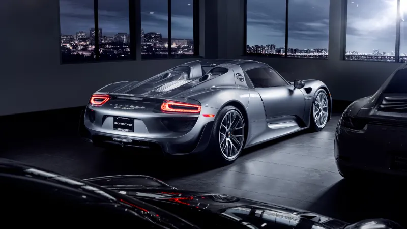Porsche 918 Spyder wallpaper, Silver hypercar, Garage, City view, 5K