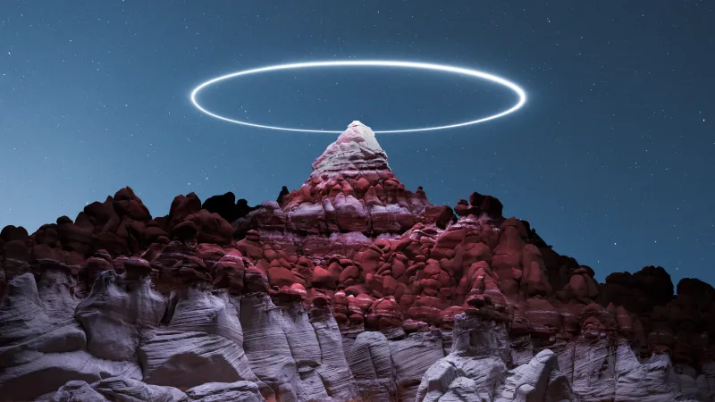 Light ring over rock peak, Starry night, Light painting, 4K wallpaper