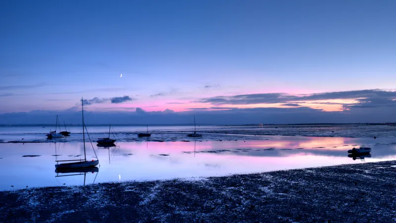Moored sailboats at dusk, Tidal flats, Pink sky, 5K wallpaper