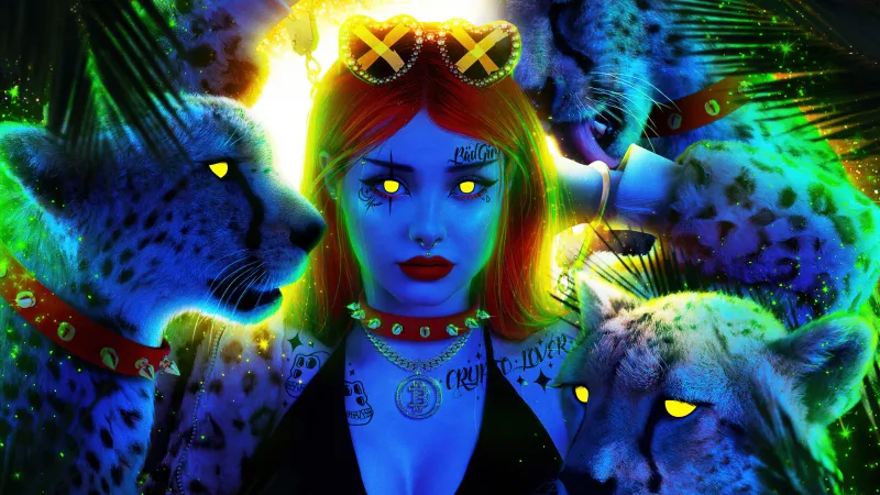 Baddie girl with cheetahs wallpaper, Neon art, Digital art