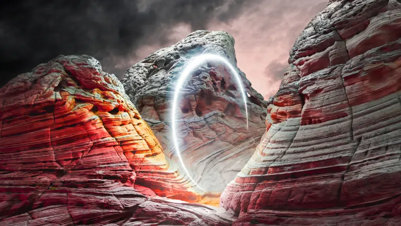 Illuminated Circle light, 5K, Canyon, Sunset, Dusk, Rocks