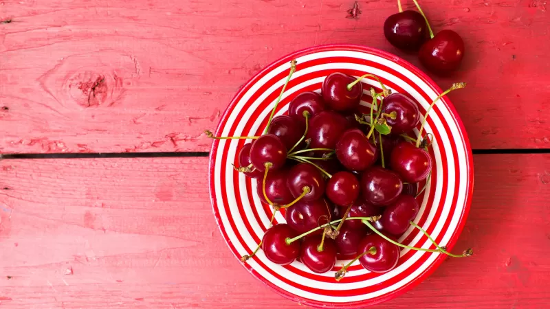 Bowl of cherries, Red striped plate, Pink wooden table, HD wallpaper