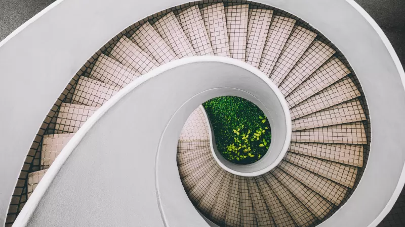 Spiral staircase, Modern architecture, White, Aesthetic, 5K