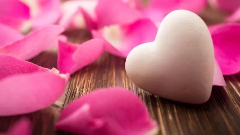 Love heart, White heart, Rose Petals, Wooden background, Closeup, Bokeh, Aesthetic