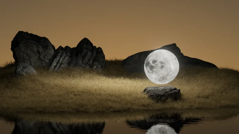 Surreal full moon on grass, Rocks, Reflection, 4K wallpaper