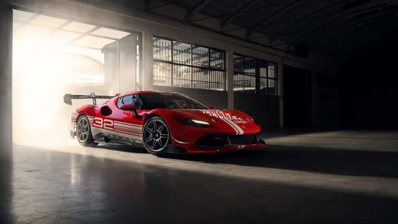 Ferrari 296 Challenge, Red livery, Sunlit garage, 2023, 8K wallpaper