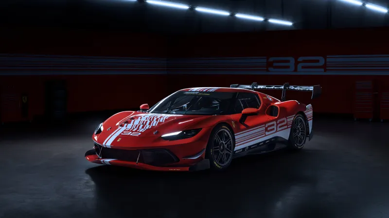 Ferrari 296 Challenge wallpaper, Red race car, Garage, 2023, 8K
