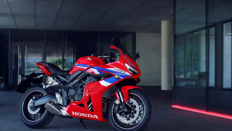 Honda CBR650R wallpaper, 2024, Red sports bike, Modern building