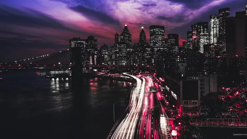 New York City, Manhattan, Traffic lights, Light trails, Night, Cityscape, City lights, Dark, Timelapse, 5K