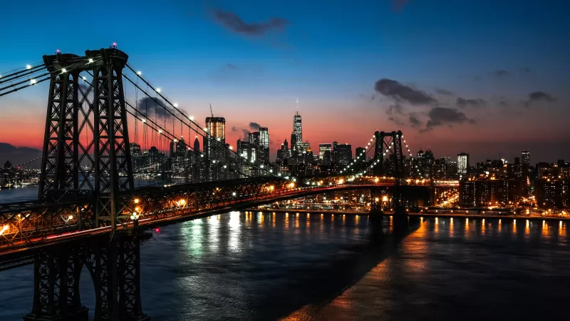 Williamsburg Bridge, New York City, Suspension bridge, City lights, Night, Cityscape, Sunset, USA