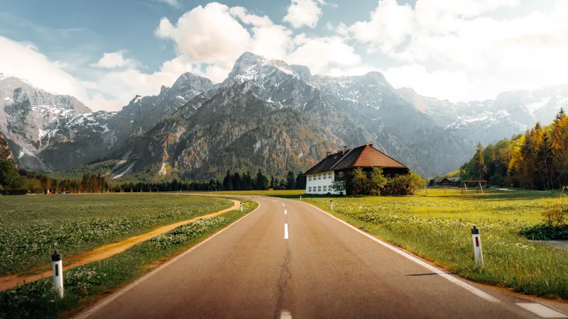 Almsee road wallpaper, Austrian Alps, Farmhouse