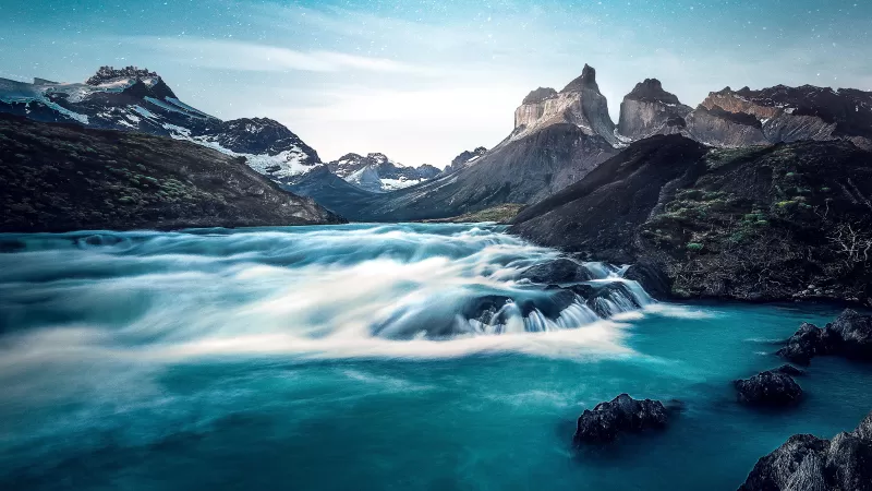 River, Water Stream, Scenic, Landscape, Mountains, Starry sky, Evening, Rocks, Aesthetic, 5K