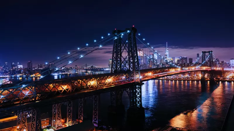 Williamsburg Bridge, Suspension bridge, New York City, City lights, Night, Cityscape, USA