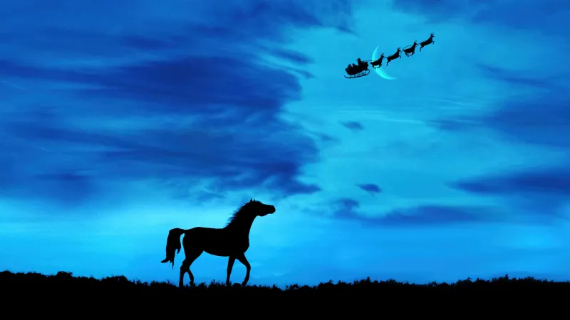 Santa Claus, Horse, Silhouette, Blue Sky