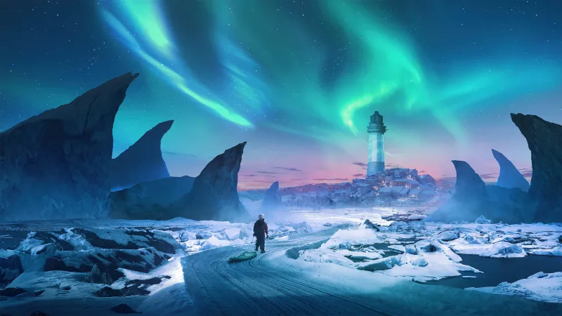 Skater Dream, Snowy, Landscape, Surreal, Winter, Aurora sky, Night sky, Cold, Serene, 5K, Outdoor