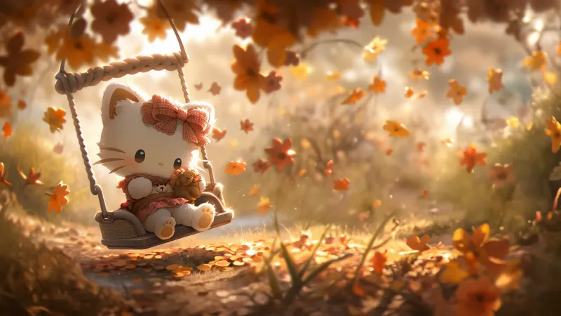 Hello Kitty Autumn background, 8K, Adorable, Swing, Surreal, Aesthetic