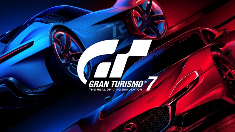 Gran Turismo 7 wallpaper, GT logo, Red and blue supercars, Racing game