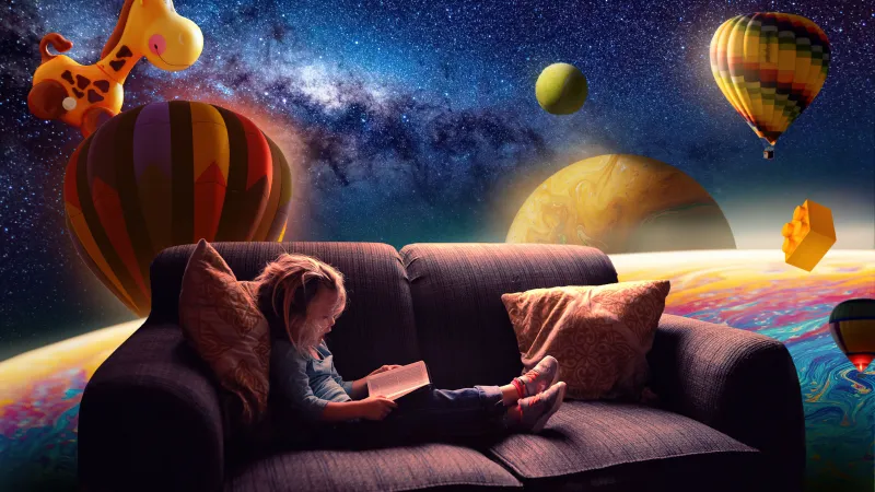 Cute girl reading book, Surreal