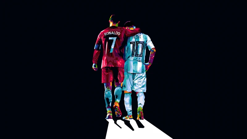 Cristiano Ronaldo and Lionel Messi Pop Art, Dark background 8K