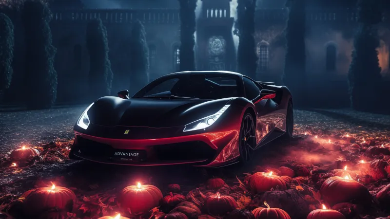 Ferrari 488 Halloween wallpaper, Black and red, Jack-o'-lanterns, Gothic castle, 5K