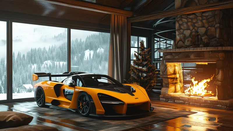 McLaren Senna, Cozy, Aesthetic interior, Winter, 5K, Fireplace, Christmas tree
