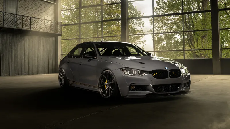 BMW 3 Series F30, Grey sedan, Tuned, Warehouse windows, 8K wallpaper