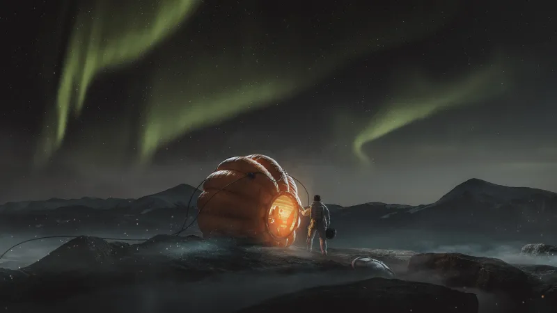 Astronaut, Space capsule, Aurora sky, 5K wallpaper