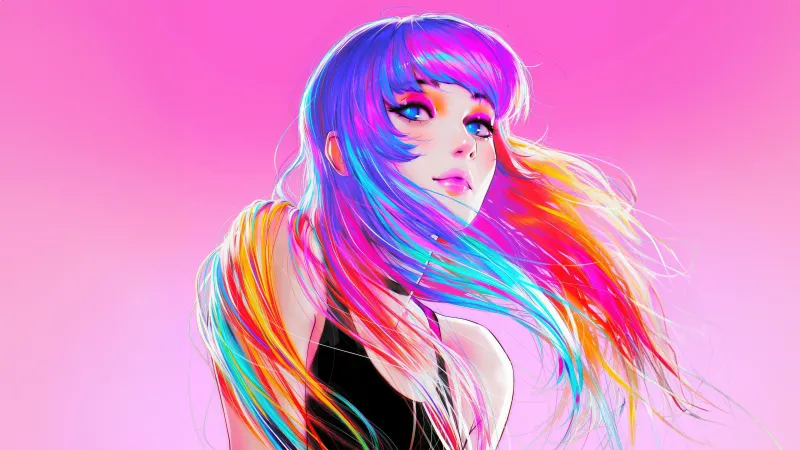 Rainbow hair girl wallpaper, Colorful illustration, Pink background