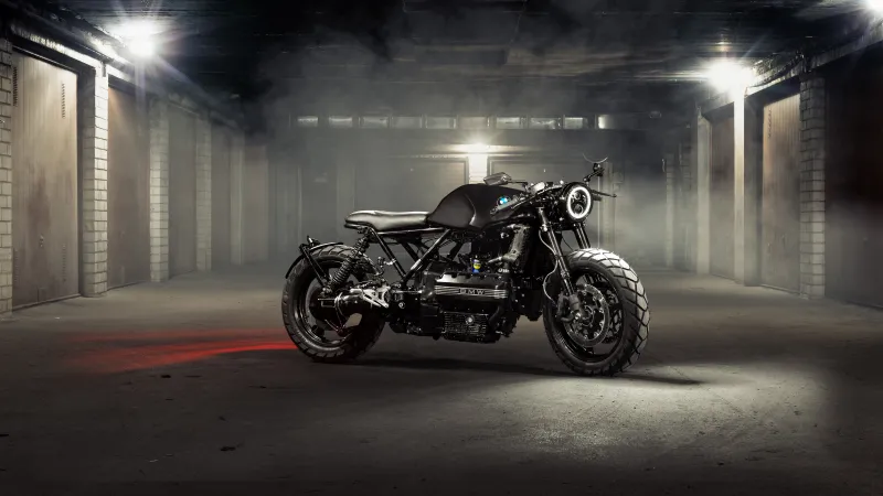 BMW K100 Cafe Racer, Custom motorcycle, Underground garage, Smoke, 8K wallpaper