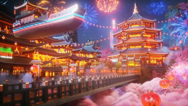 Chinese New Year Fireworks, Traditional, Floating, Surreal, Illuminated, Lunar New Year, Lanterns