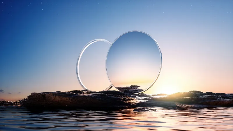 Glass rings at sunset wallpaper, Rocky shore, Surreal