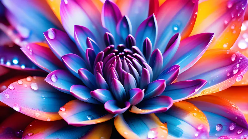 Colorful dahlia wallpaper, Dew drops, Macro