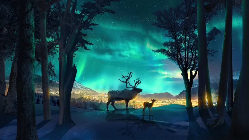 Reindeer under aurora wallpaper, Night forest, Fantasy art