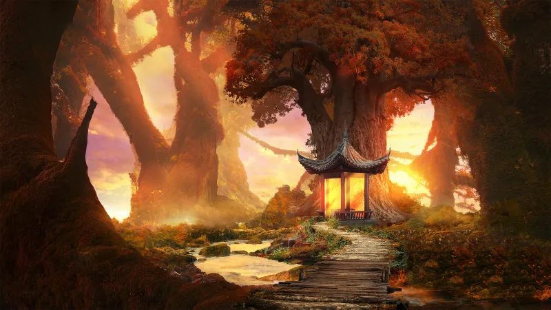 Enchanted forest, Pagoda shrine, Golden light, 4K wallpaper