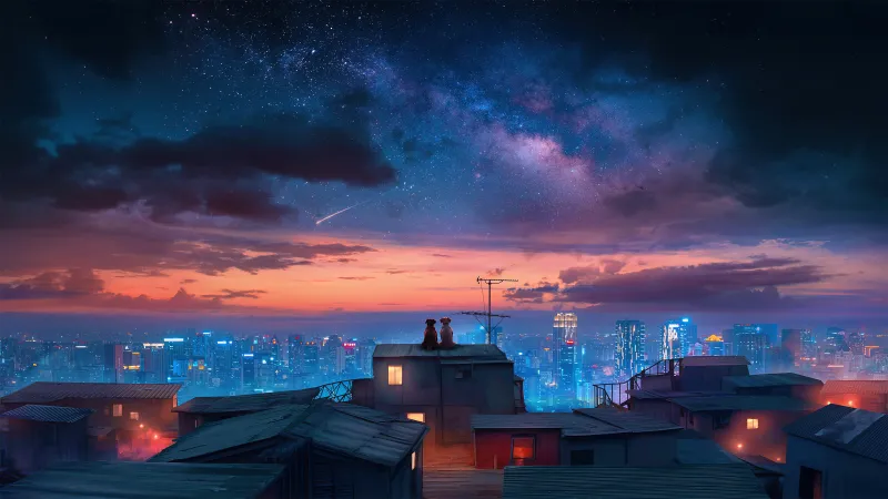 Dogs couple, 5K wallpaper, Surrealism, Starry sky, Cityscape, Night City, Rooftop, Urban, Romantic, Dreamy