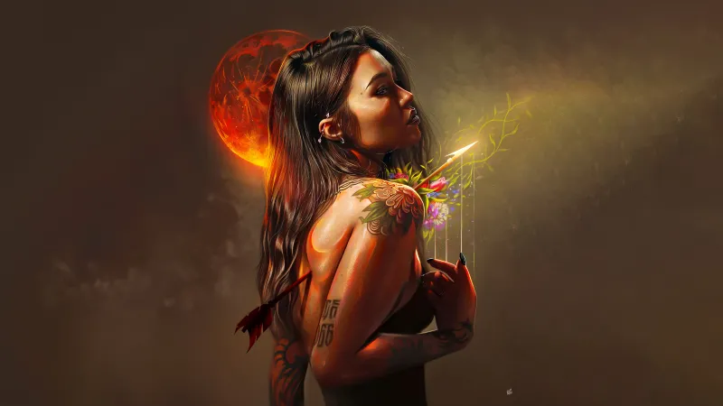 Tattooed girl with red moon wallpaper, Fantasy art, Arrow