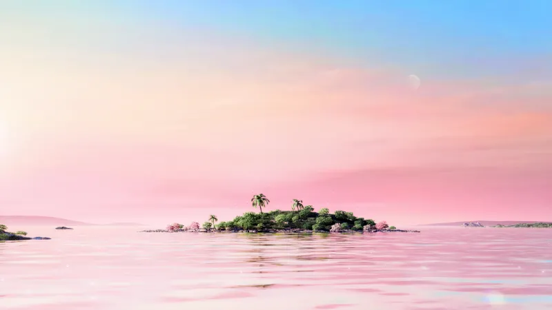 Pink tropical island, Palm trees, Pastel sky, 5K wallpaper