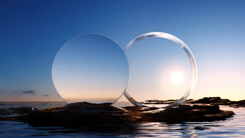 Glass rings over the sea, Sunset, Surreal, 5K wallpaper