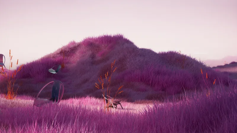 Purple grass hills wallpaper, Surreal landscape, Chairs