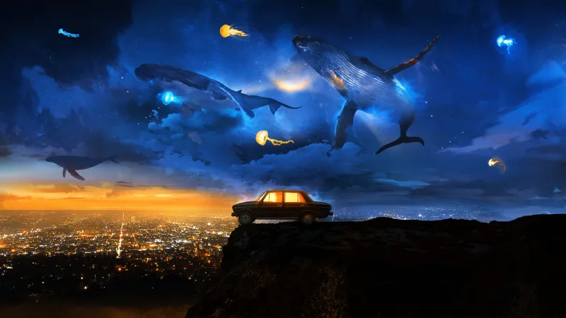 Flying Whales, Dreamlike Cliff, Creative, 8K wallpaper, City night, Jellyfishes