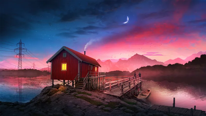 Cozy Cabin, Sunset, Romantic Couple, Crescent Moon, Aesthetic wallpaper 4K, Peaceful Wooden pier