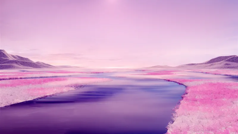 Pink aesthetic River, Surreal Landscape, Pink sky