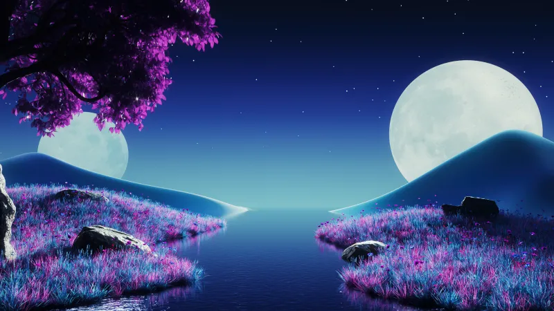 Purple aesthetic, Landscape wallpaper, Moon light, Nightscape, Surrealism, Blue aesthetic, River, Lavender