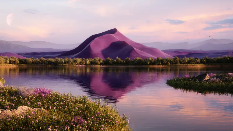 Majestic, Triple monitor wallpaper, Landscape, Ultrawide, Purple aesthetic, Vibrant, Lake, Mountain